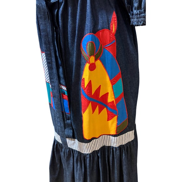 Vintage Southwestern Pueblo Native American Appliqué Denim Dress Southern Image - Picture 2 of 8